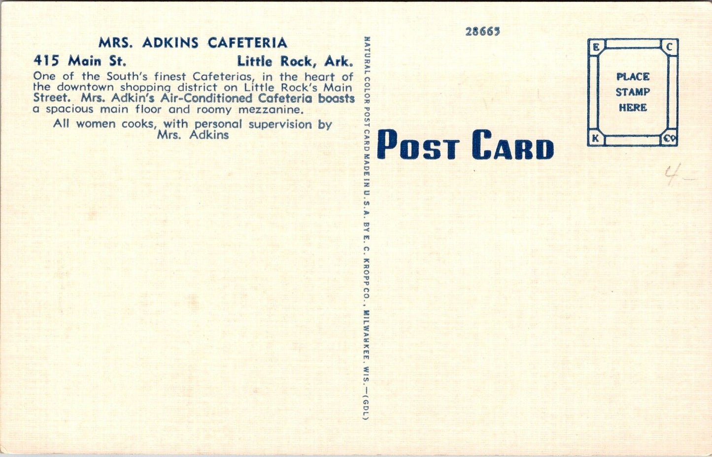 Linen Postcard Mrs. Adkins Cafeteria Restaurant in Little Rock, Arkansas