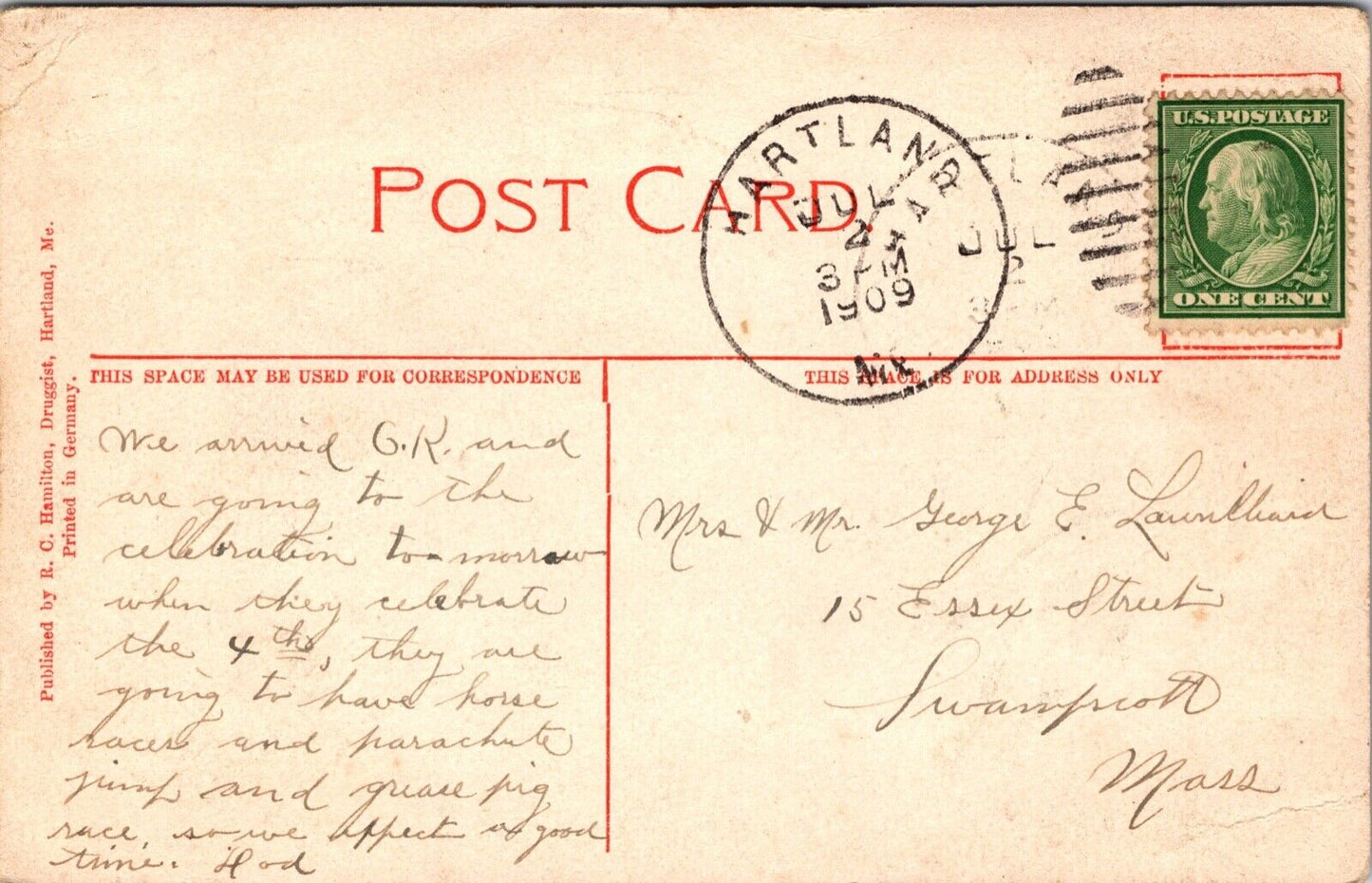 Postcard Bird's Eye View of Hartland, Maine showing Baptist Church