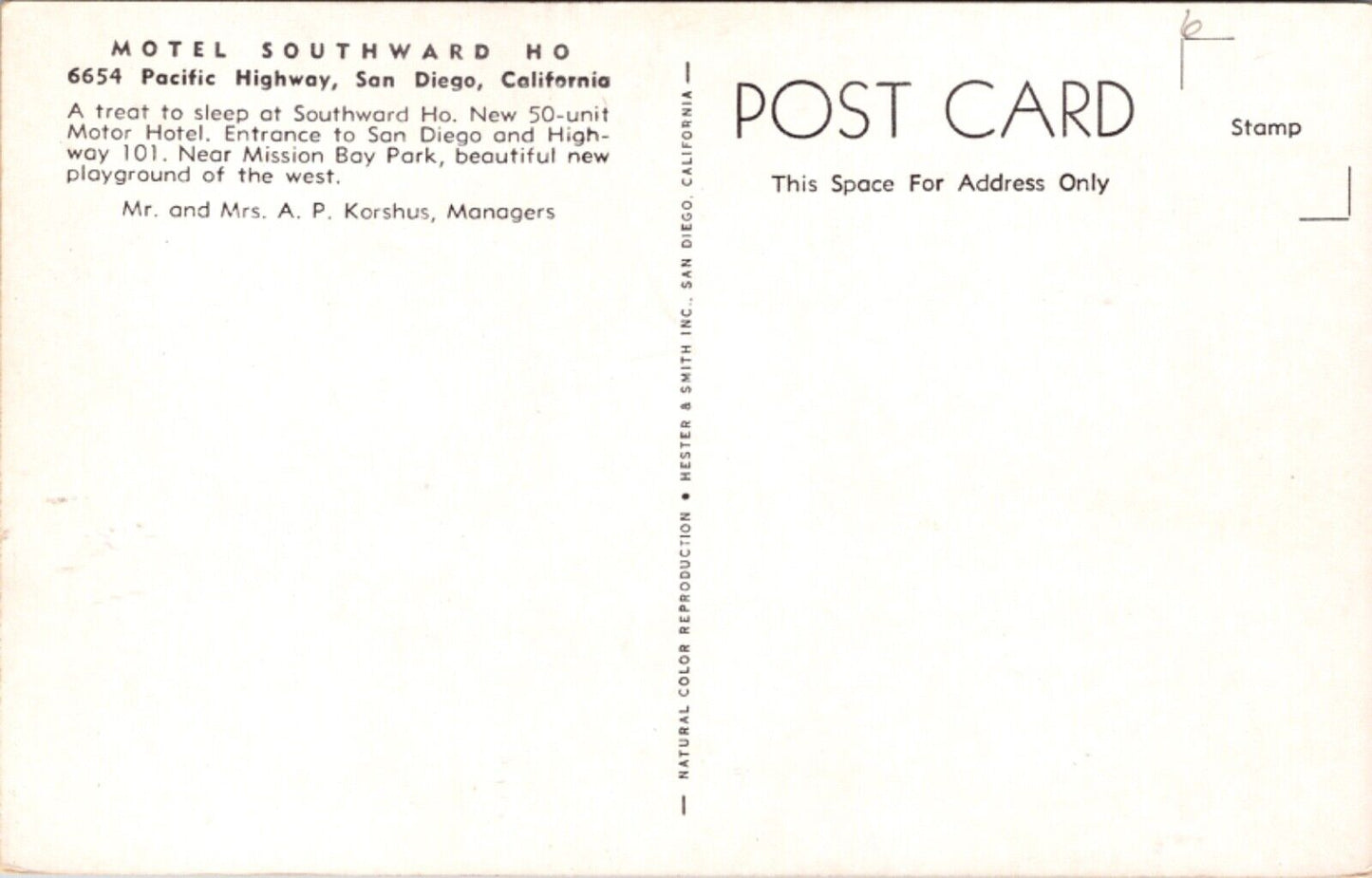 Postcard Motel Southward Ho 6654 Pacific Highway in San Diego, California