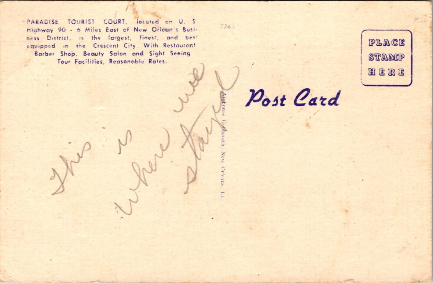 Linen Postcard Paradise Tourist Court US Highway 90 in New Orleans, Louisiana