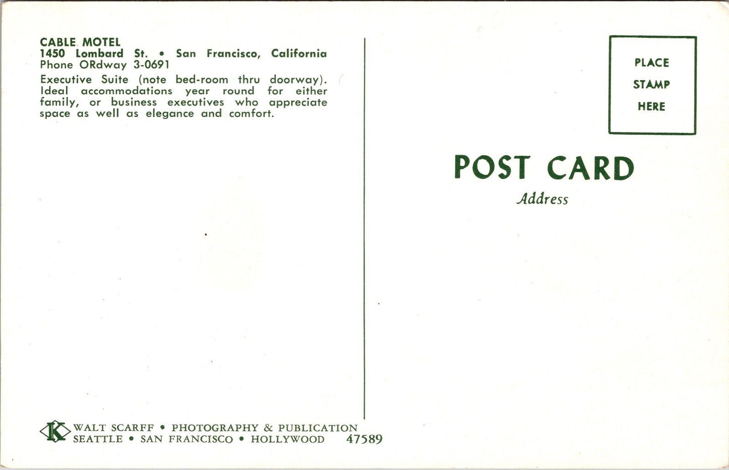 Postcard Interior of Cable Motel 1450 Lombard St in San Francisco, California