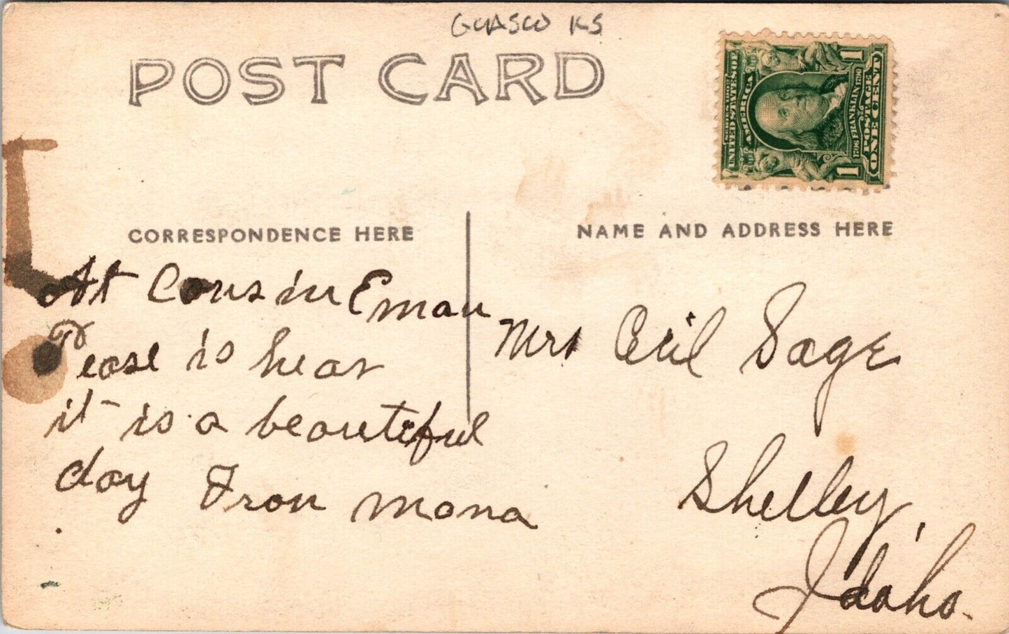 Hand Colored Real Photo Postcard Glasco, Kansas Northeast from U.P. Tower