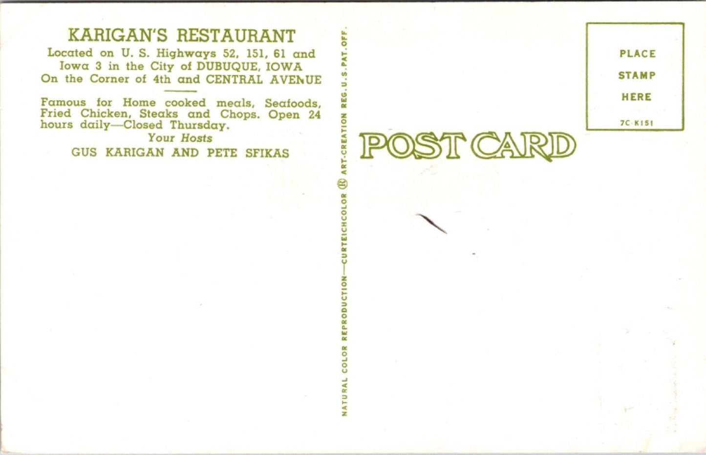 Postcard Karigan's Restaurant US 52, 151, 61 and Iowa 3 in Dubuque, Iowa