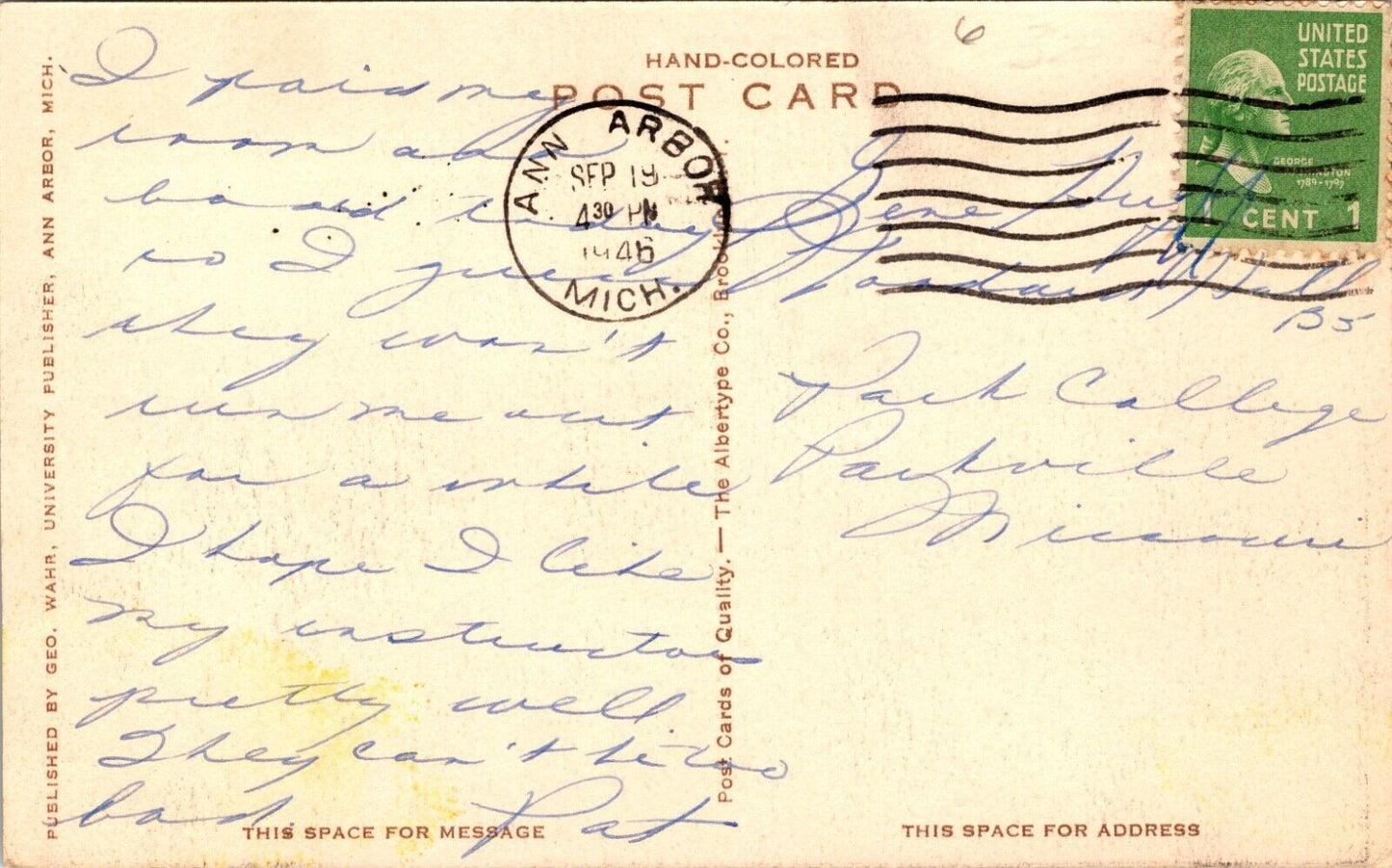 Hand Colored Postcard Gymnasium at the University of Michigan in Ann Arbor