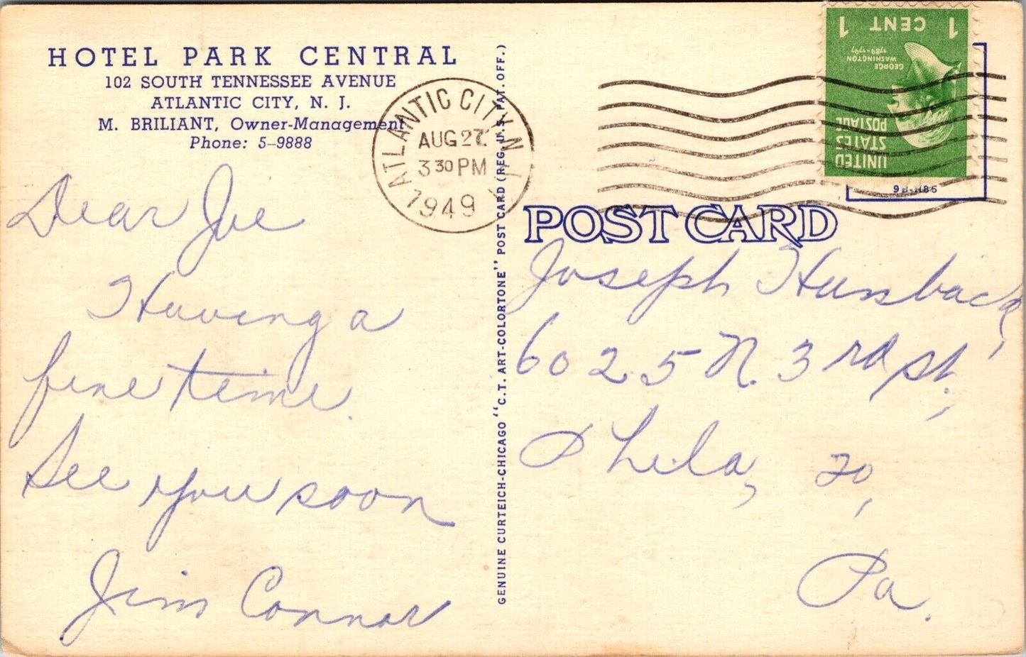 Linen Postcard Hotel Park Central in Atlantic City, New Jersey