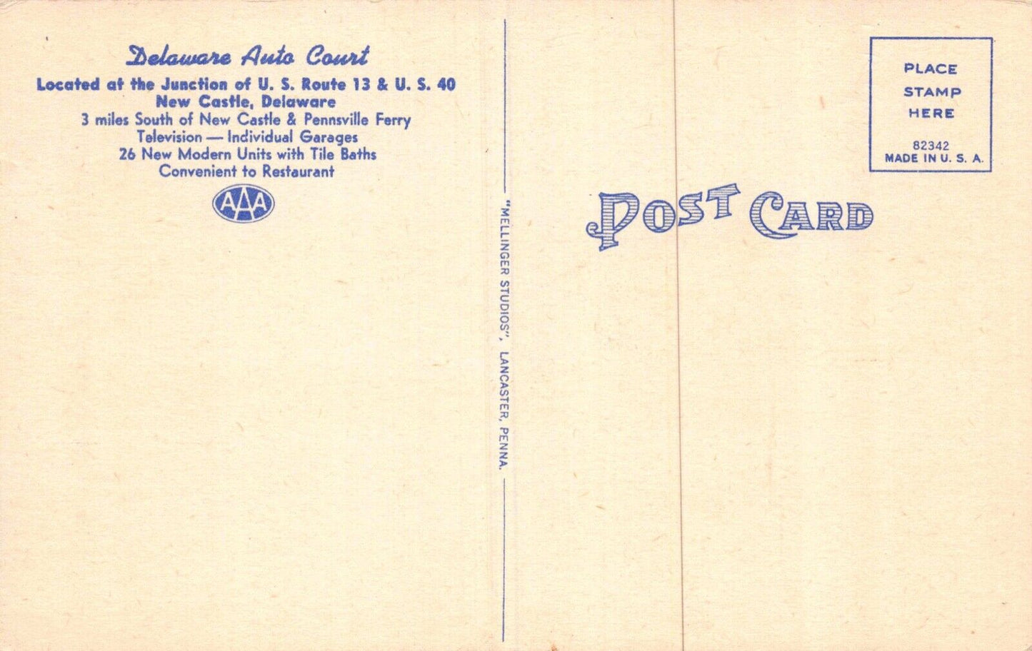 Linen Postcard Delaware Auto Court Hotel Motel in New Castle, Delaware