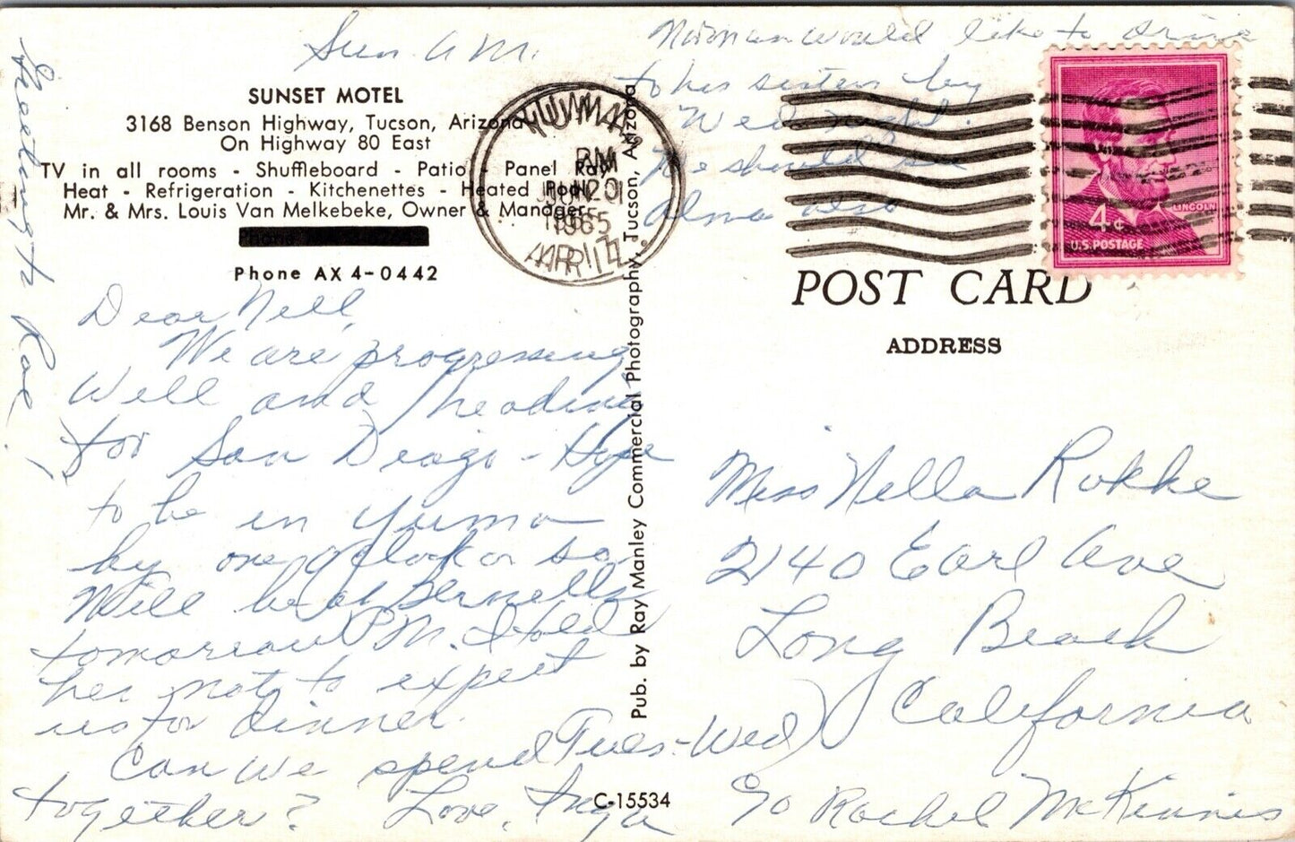 Postcard Swimming Pool at Sunset Motel U.S. 80 in Tucson, Arizona