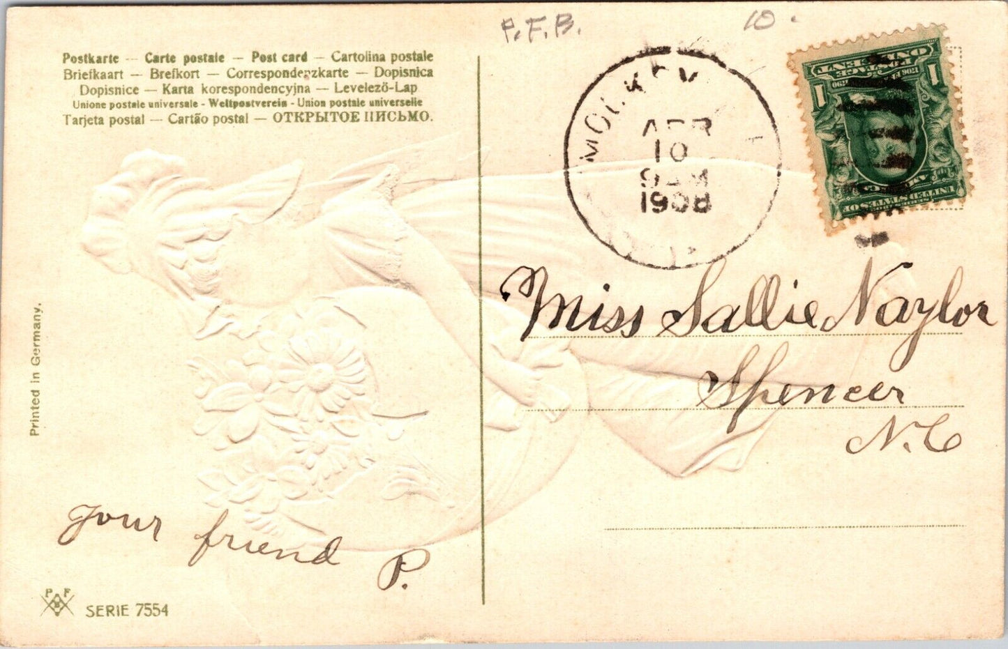 1908 Easter Postcard Young Girl in Red Dress Carries Big Flower-Filled Blue Egg