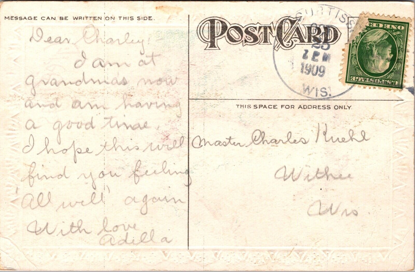 Greetings Postcard Two Victorian Children Embracing in a Kiss