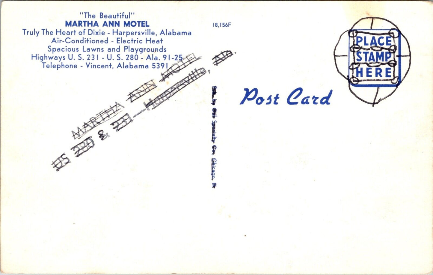 Postcard Martha Ann Motel in Harpersville, Alabama