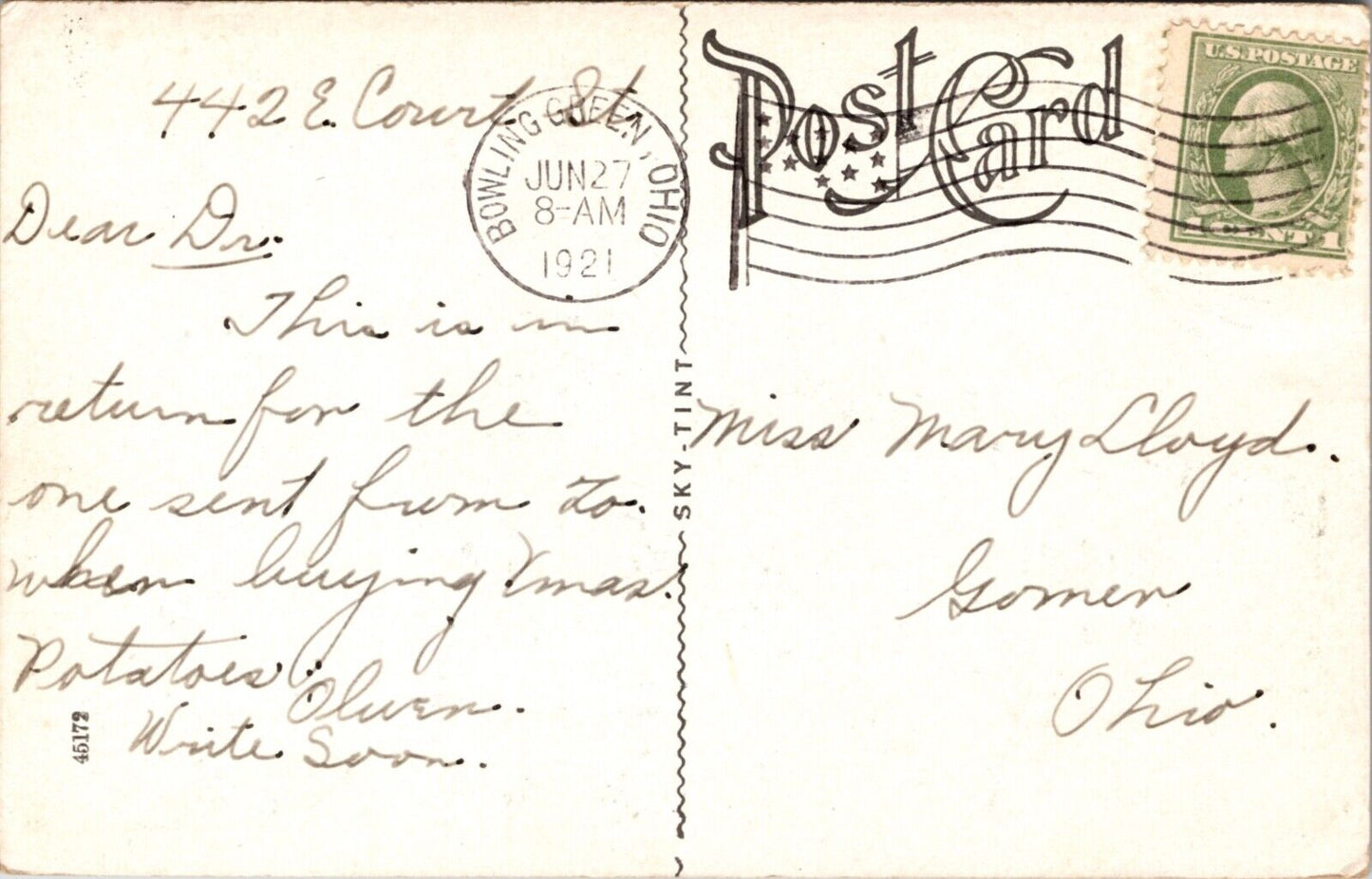 Postcard United States Post Office in Bowling Green, Ohio