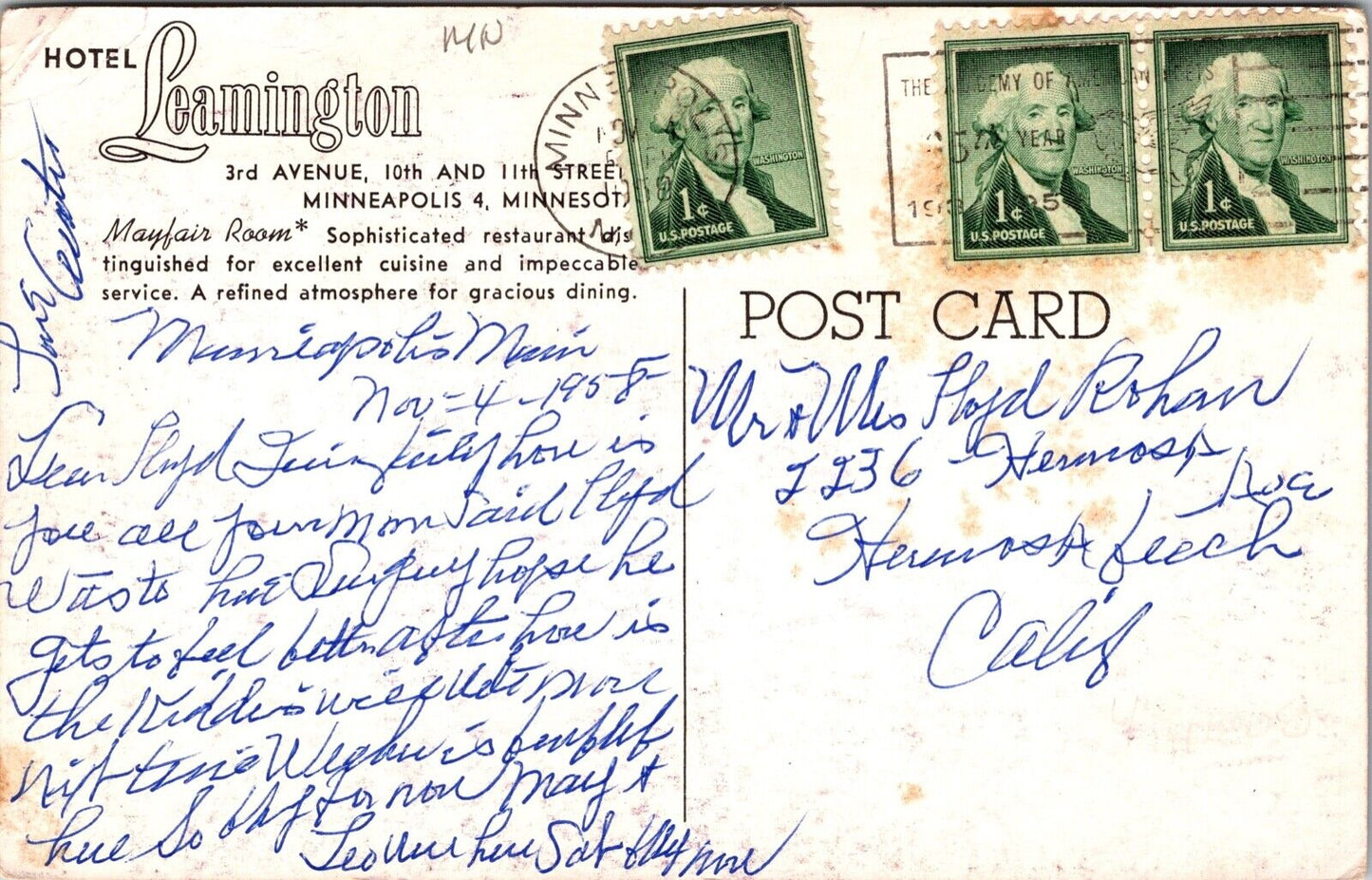 Postcard Mayfair Room Restaurant Hotel Leamington Minneapolis, Minnesota