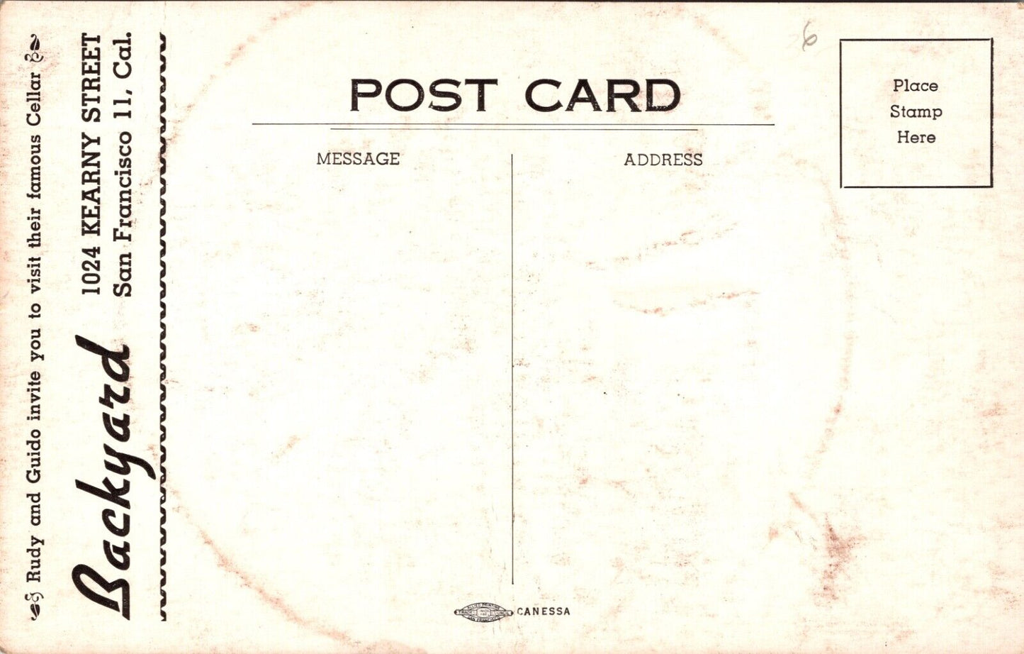 Postcard Backyard Bar Cocktail Lounge Rudy and Guido Cellar San Francisco CA