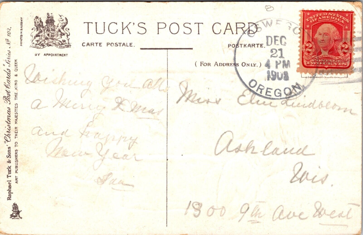 1908 Christmas Postcard Winged Cherub Angel Rings Bell On Top of Church at Night