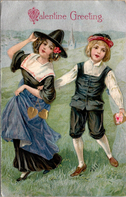 Vintage Valentine Postcard Girl & Boy in Pilgrim Costumes Walk Arm in Arm 1909