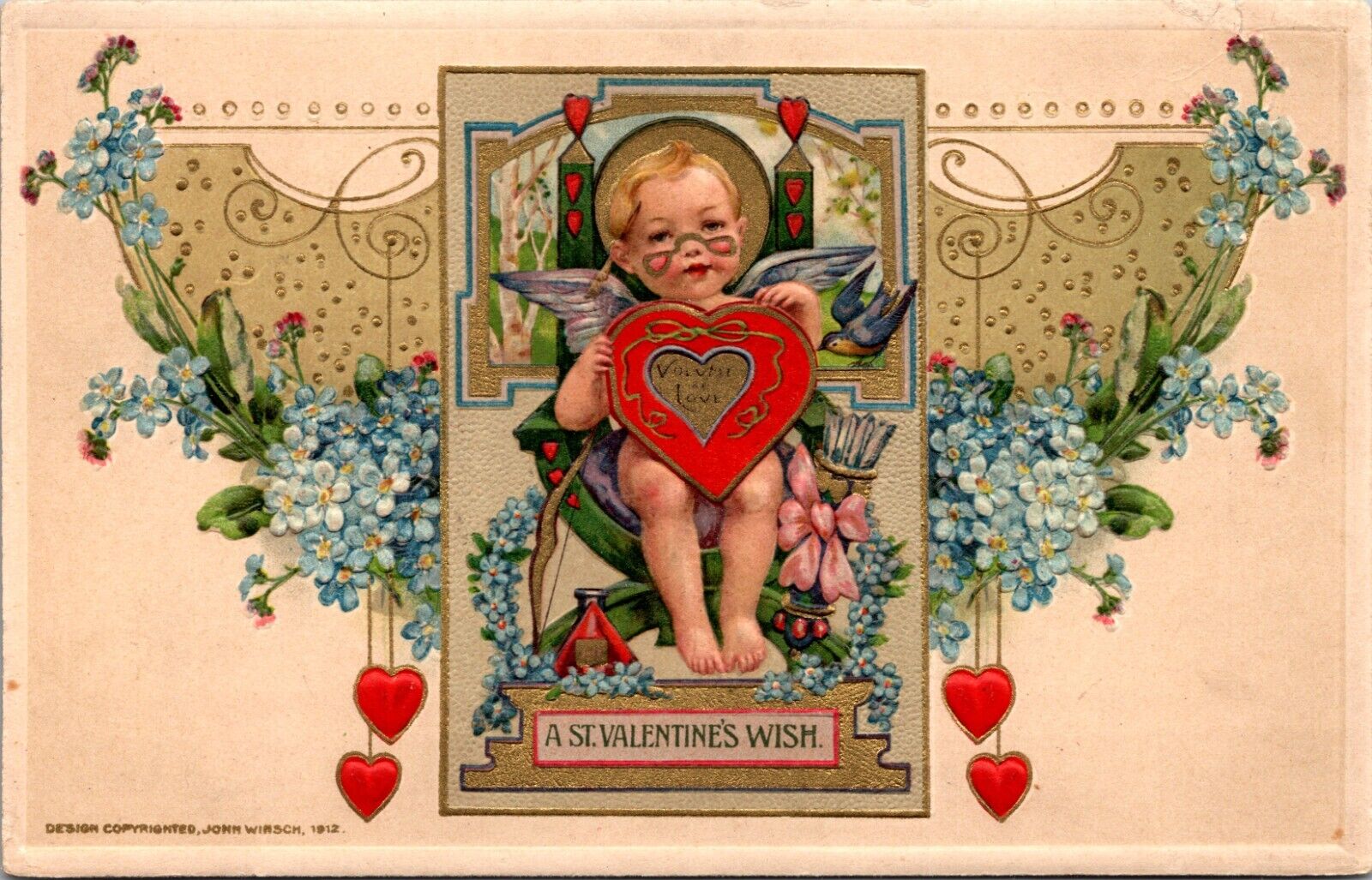 Vintage Valentine Postcard Cupid Wears Glasses Holds Heart Sits on Throne Winsch