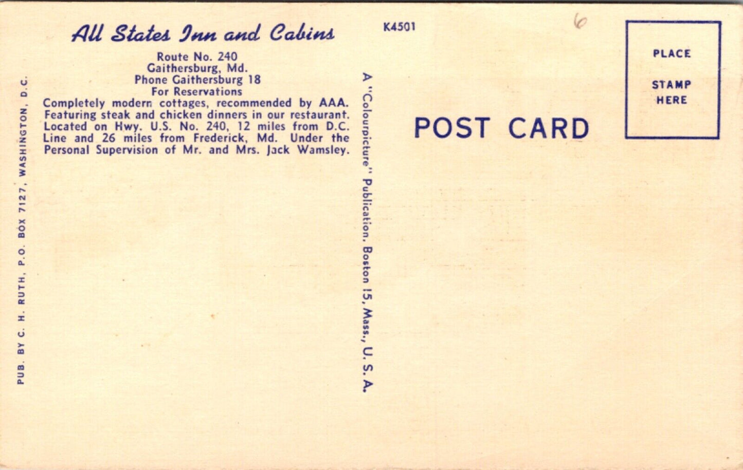 Linen PC All States Inn Restaurant & Cabins Route No 240 Gaithersburg, Maryland