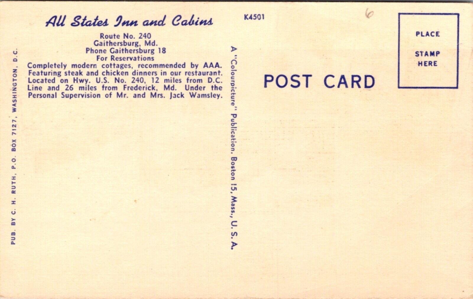 Linen PC All States Inn Restaurant & Cabins Route No 240 Gaithersburg, Maryland