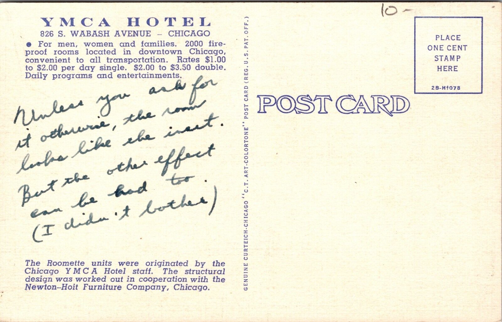 YMCA Hotel The Roomette Wabash Avenue Chicago Illinois Postcard