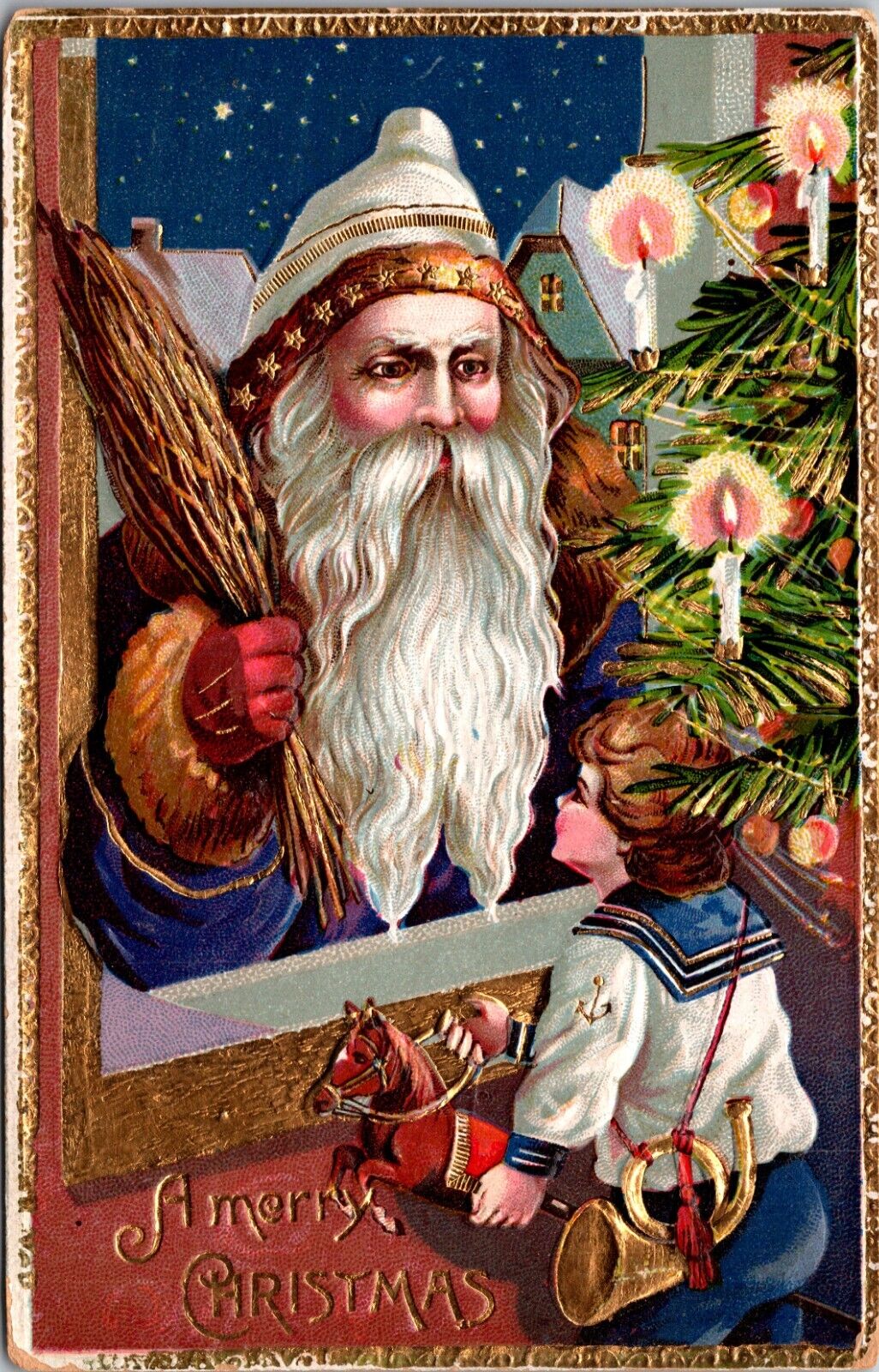 1908 Christmas Postcard Santa Blue Robe & Switch Met by Little Boy at Window