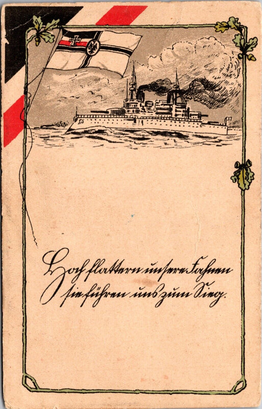 WWI Era Postcard Field Post German Imperial Flag Warship Lead Us To Victory 1916