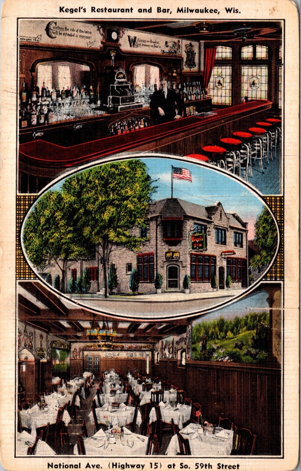 Linen Postcard Multiple Views Kegel's Restaurant and Bar in Milwaukee, Wisconsin