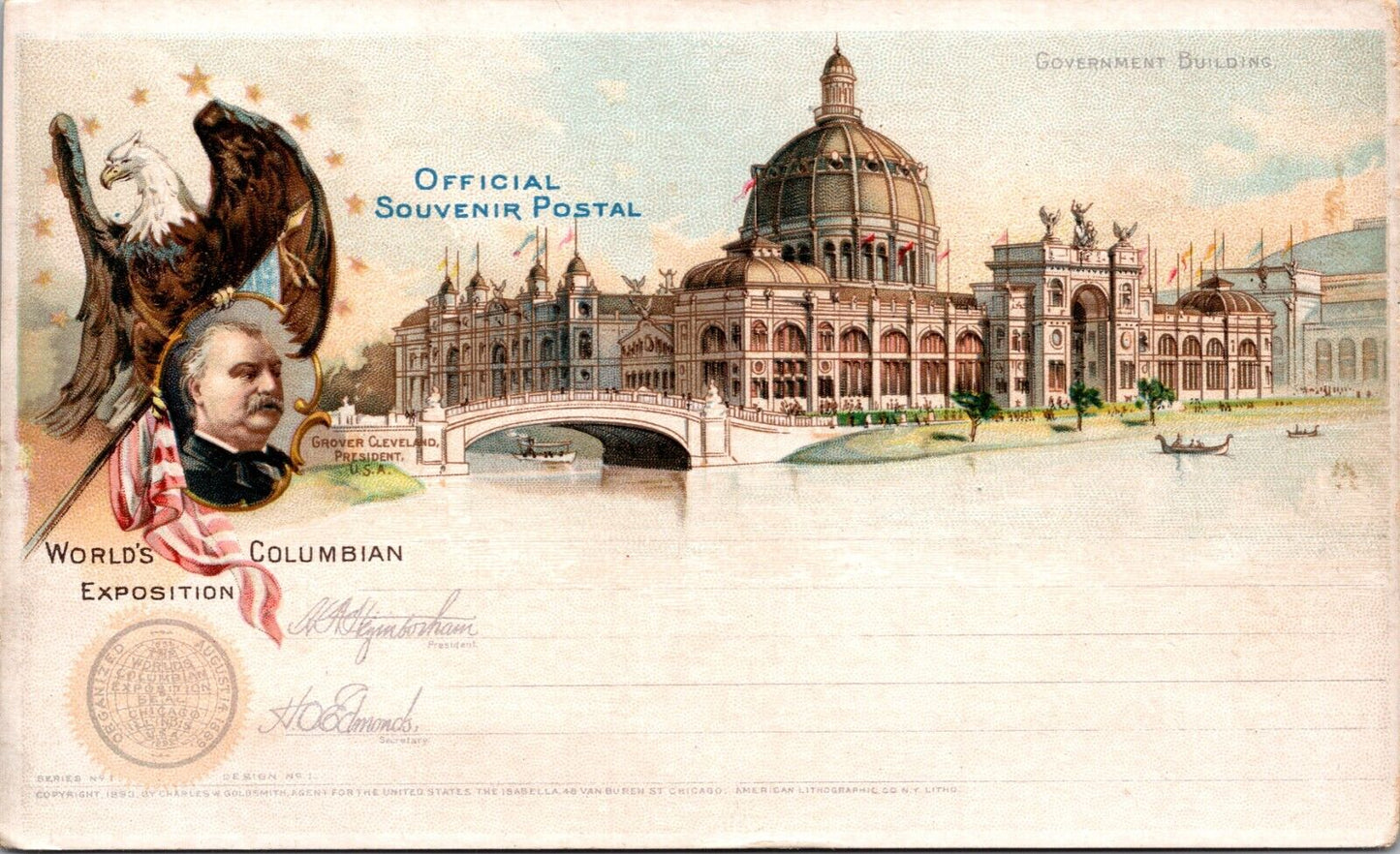 1893 Postal Card Chicago World’s Columbian Exposition Pres Cleveland Eagle Flag