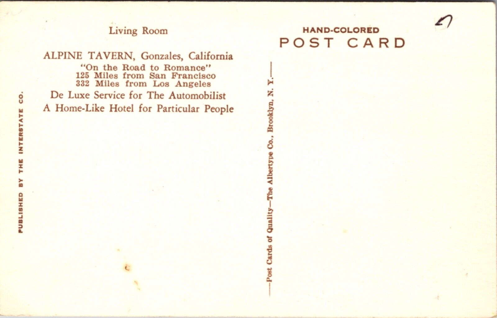 Hand Colored Postcard Living Room at Alpine Tavern Hotel in Gonzales, California