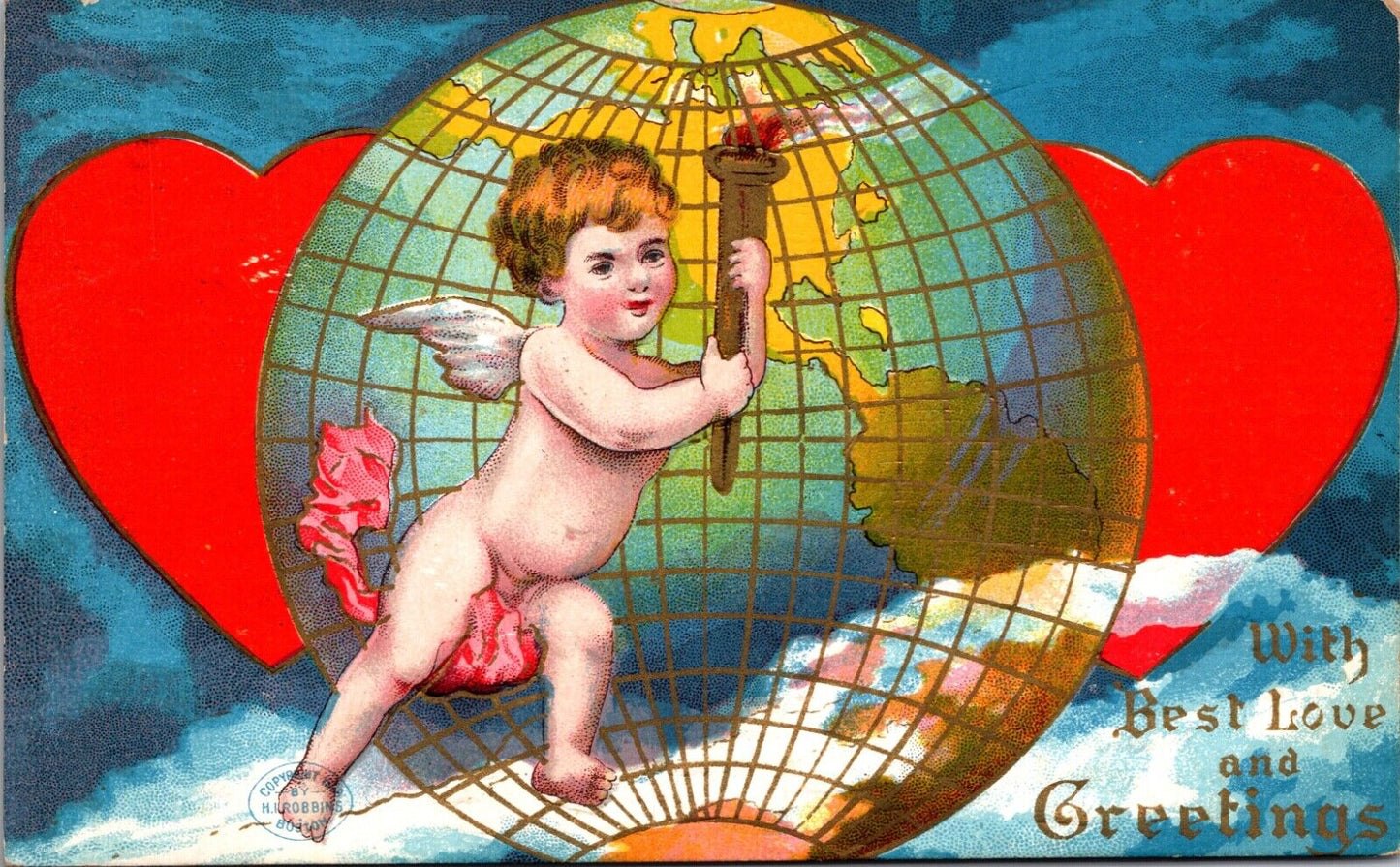 With Best Love and Greetings PC Cherub Cupid Carrying Torch Around World Earth