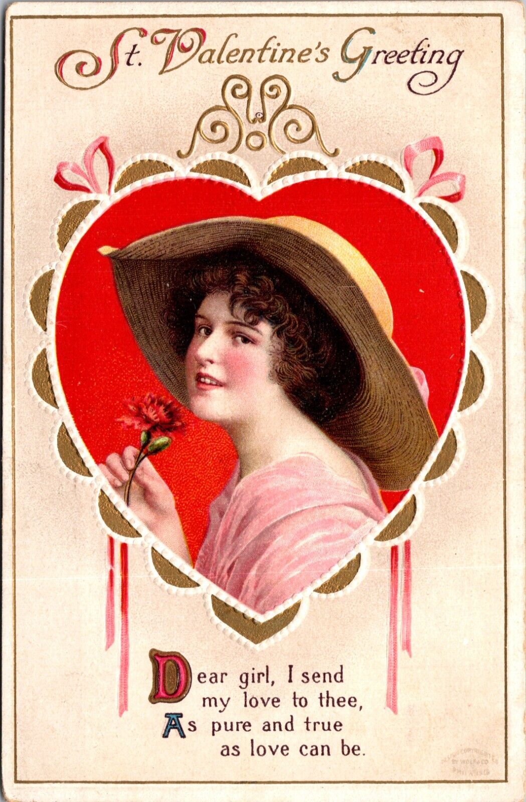 Vintage Valentine Postcard Pretty Lady in Straw Hat Framed in Red Heart 1915