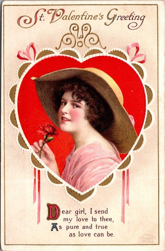 Vintage Valentine Postcard Pretty Lady in Straw Hat Framed in Red Heart 1915