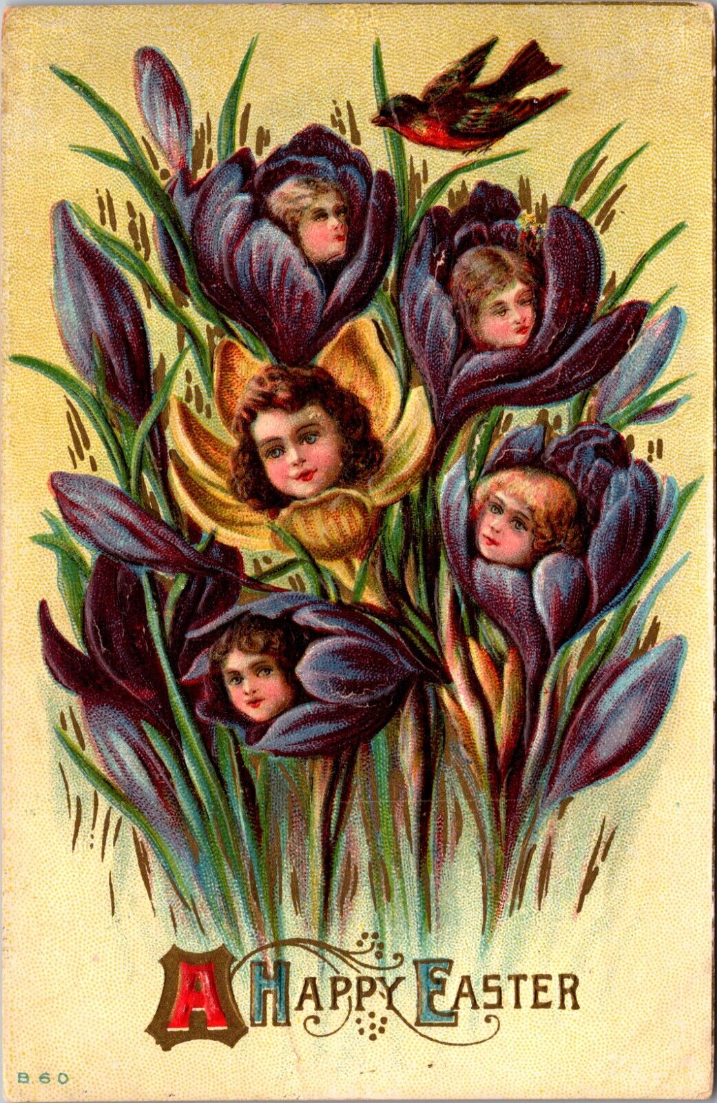Vintage Easter Postcard Childrens Flower Faces in Purple Crocuses 1912