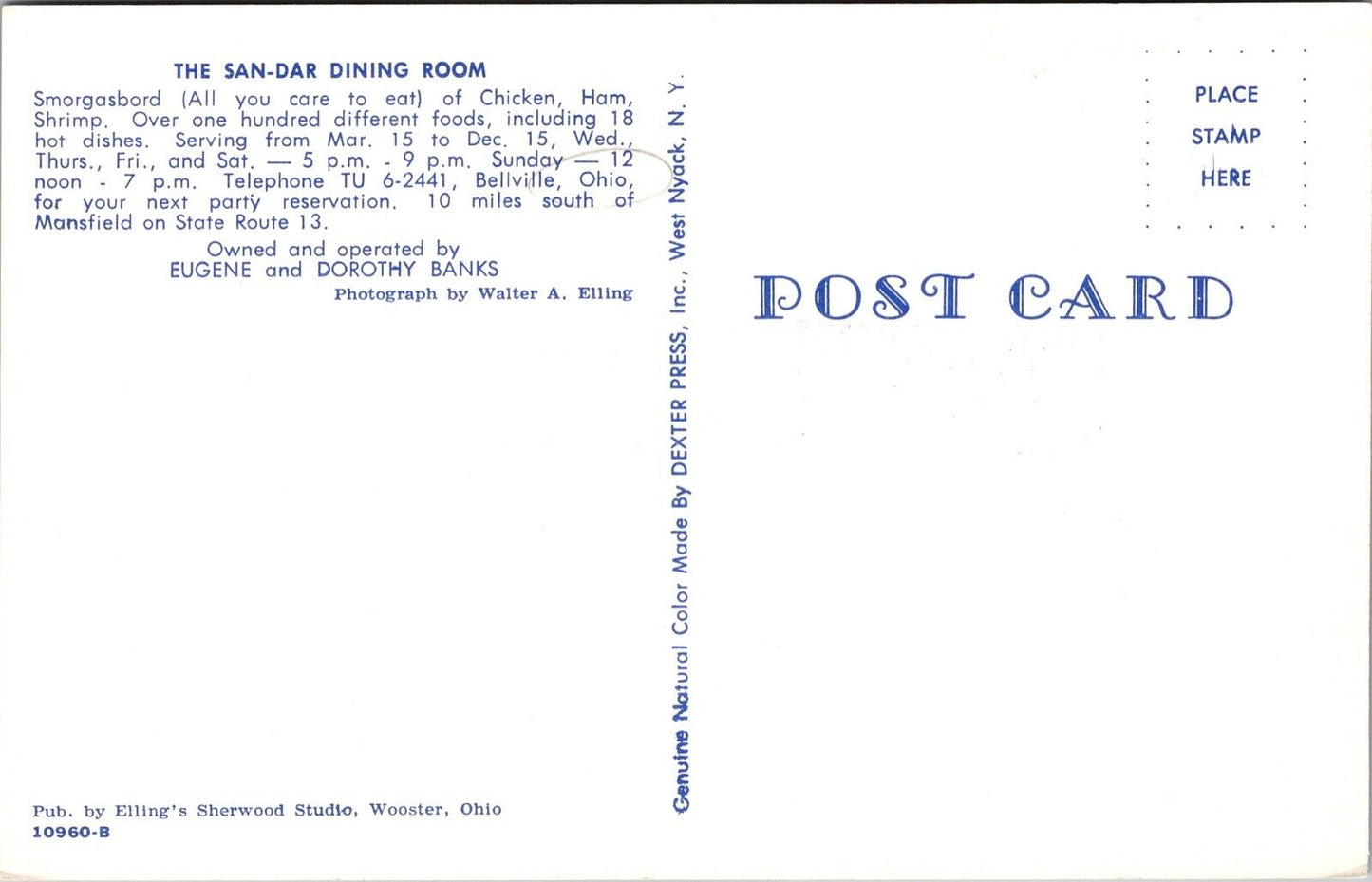 Postcard Smorgasbord at The San-Dar Dining Room in Bellville, Ohio