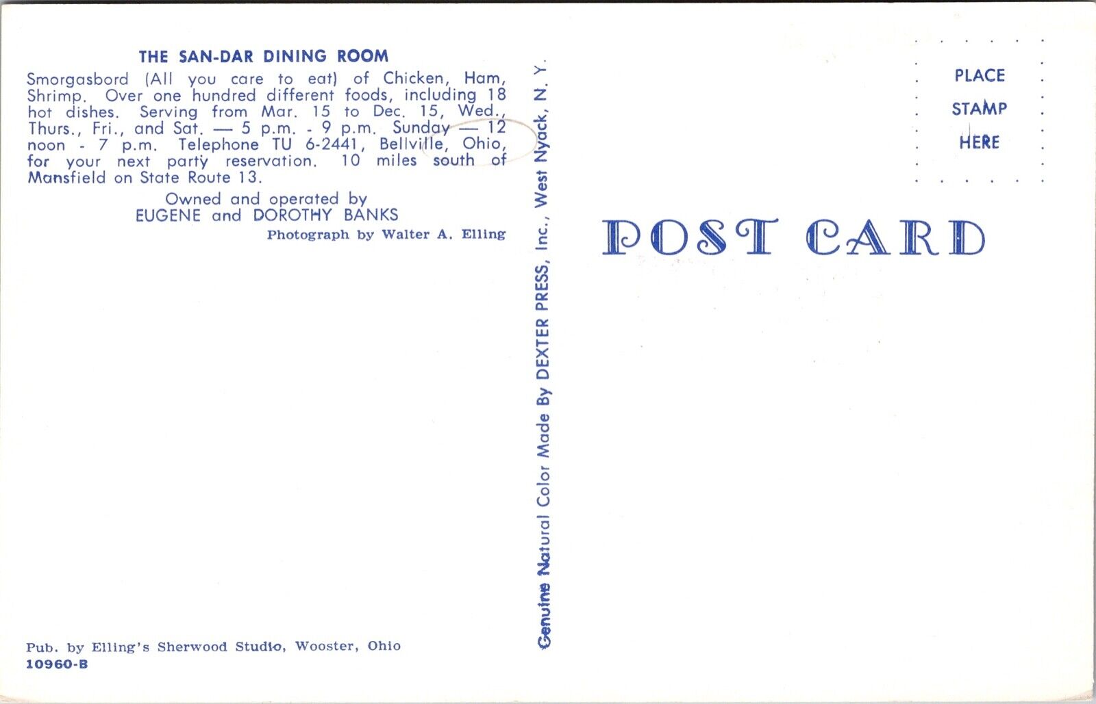 Postcard Smorgasbord at The San-Dar Dining Room in Bellville, Ohio