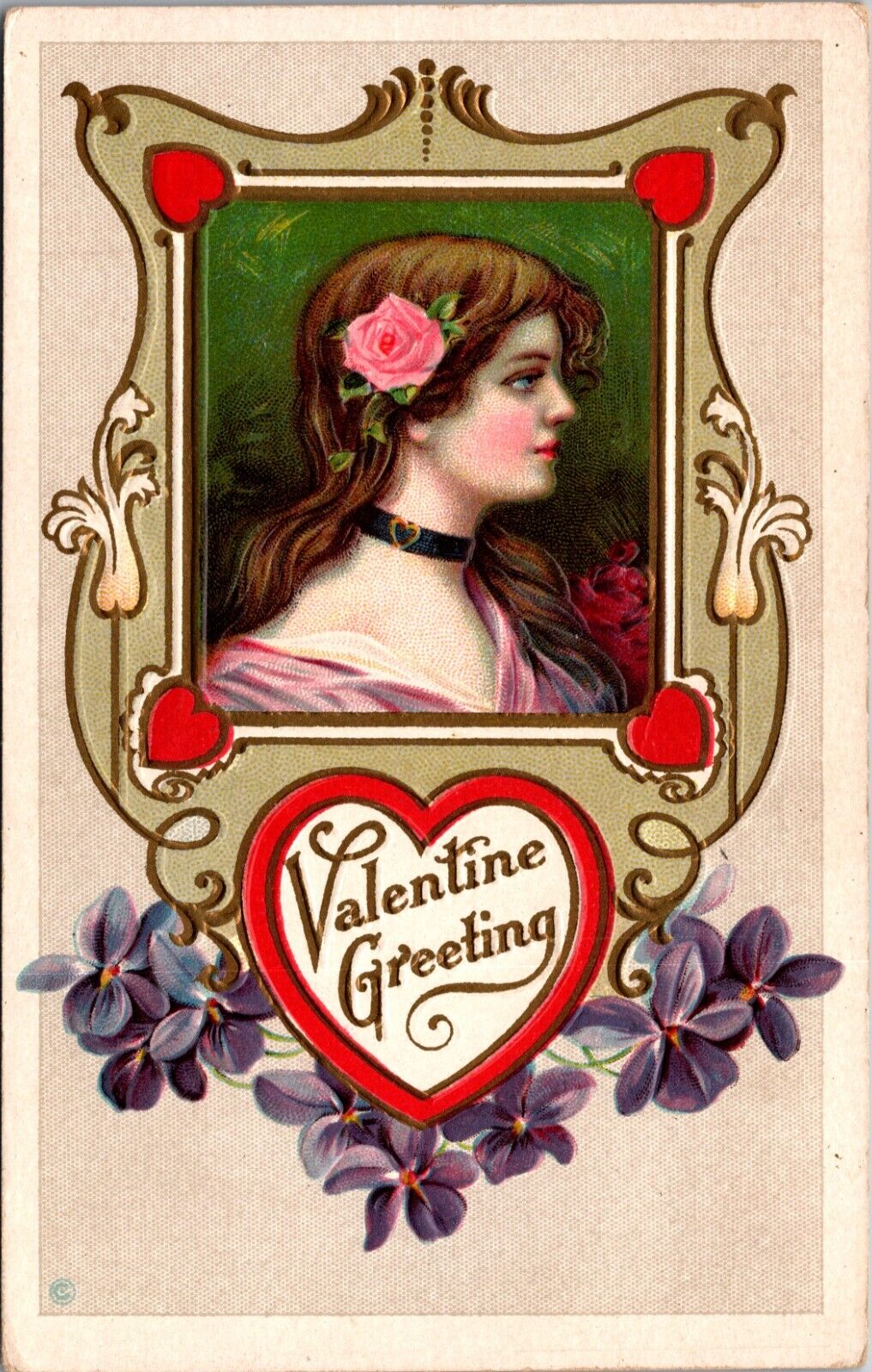 Vintage Valentine Postcard Pretty Lady in Profile Flowers Harp Shaped Border