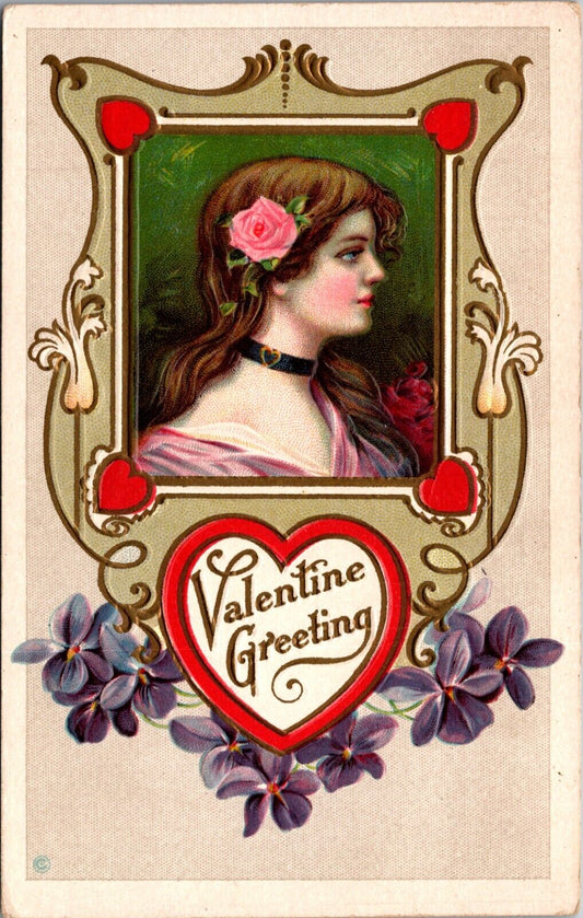 Vintage Valentine Postcard Pretty Lady in Profile Flowers Harp Shaped Border