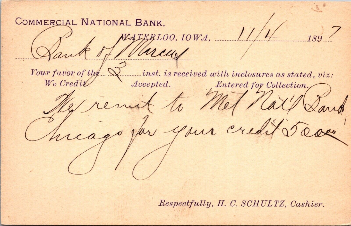1897 Recept Postcard Commercial National Bank in Waterloo, Iowa