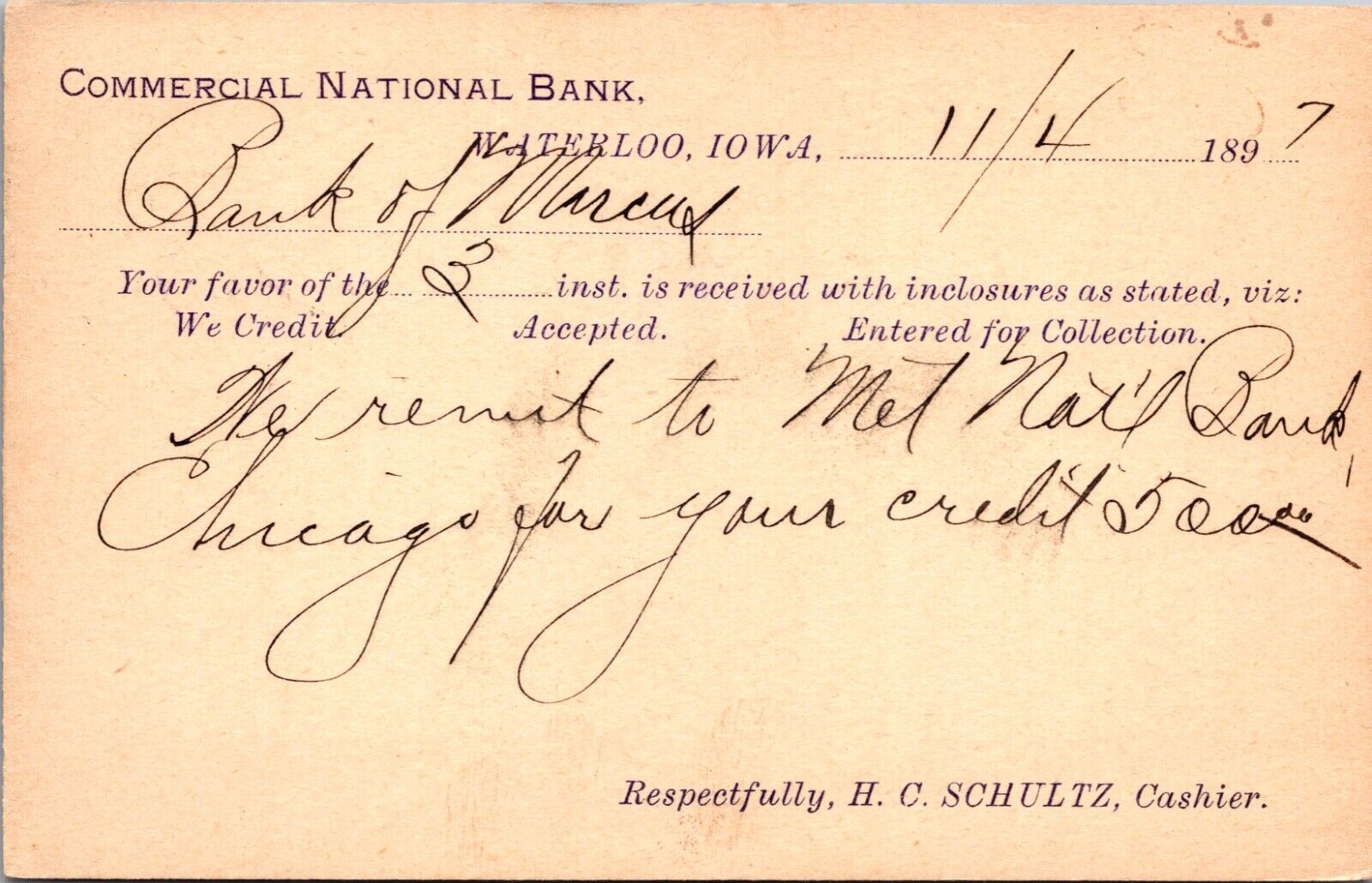1897 Recept Postcard Commercial National Bank in Waterloo, Iowa