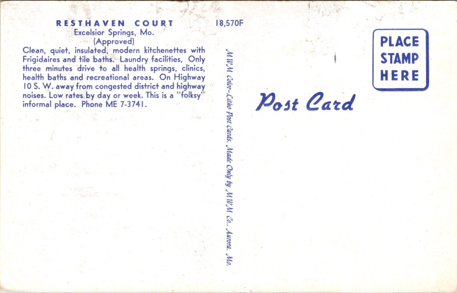 Postcard Resthaven Court on Highway 10 in Excelsior Springs, Missouri