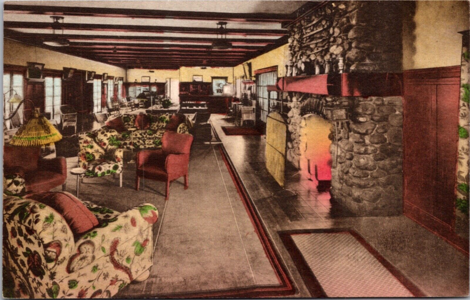 Hand Colored Postcard Living Room at Alpine Tavern Hotel in Gonzales, California