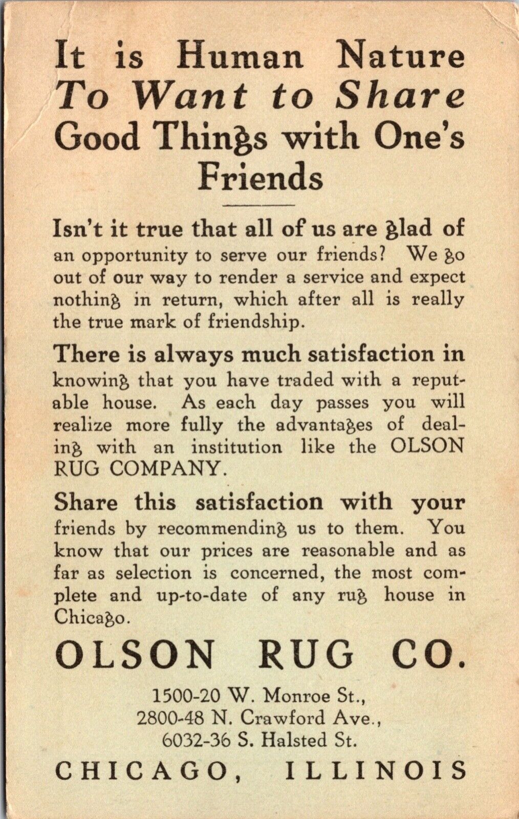 Postcard Advertising Olson Rug Company in Chicago, Illinois