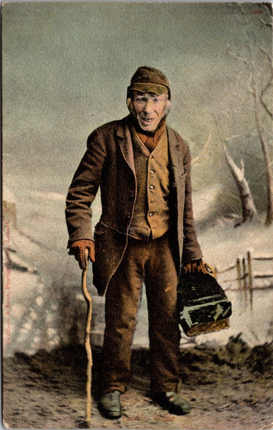 1906 Colorized Photo Postcard A Ratcatcher? Man in Brown Wool Suit  Snowy Studio