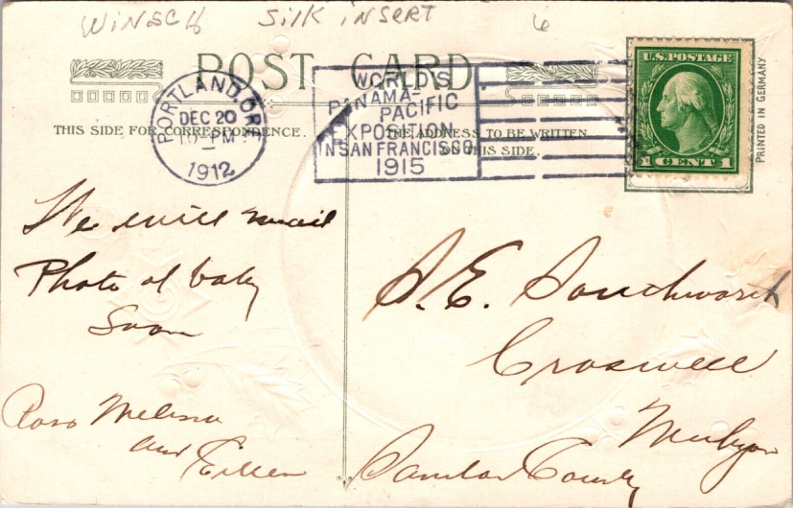 Winsch Silk Christmas Postcard Snowy Country Scene Man and Horses, Holly