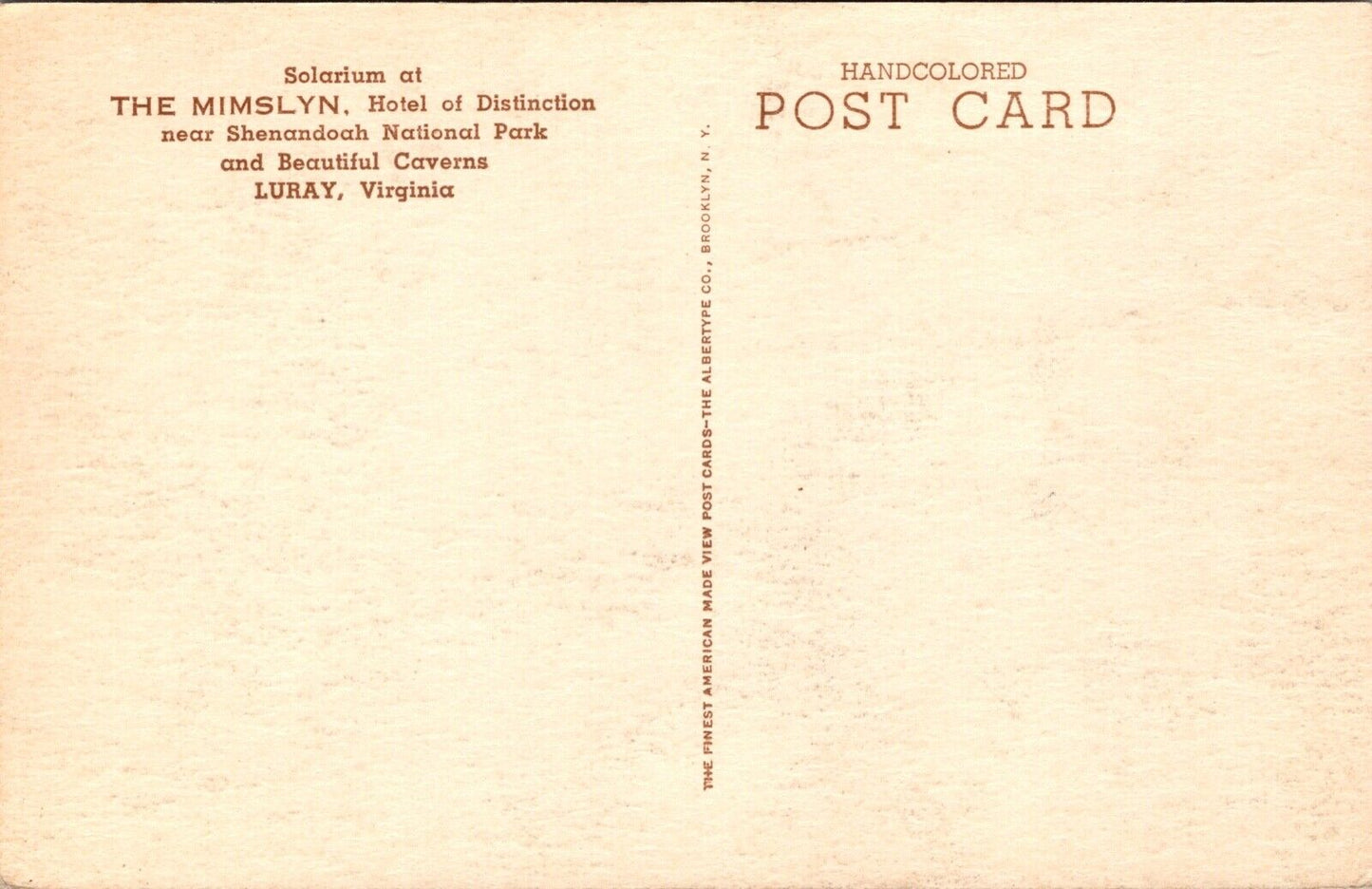 Hand Colored Postcard Solarium at The Mimslyn Hotel in Luray, Virginia