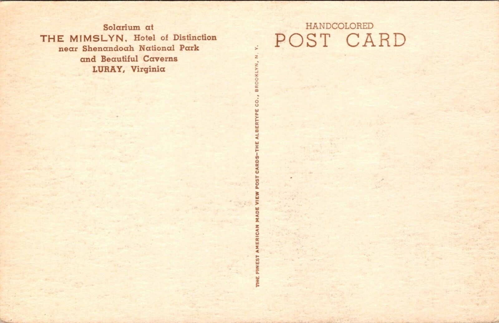 Hand Colored Postcard Solarium at The Mimslyn Hotel in Luray, Virginia
