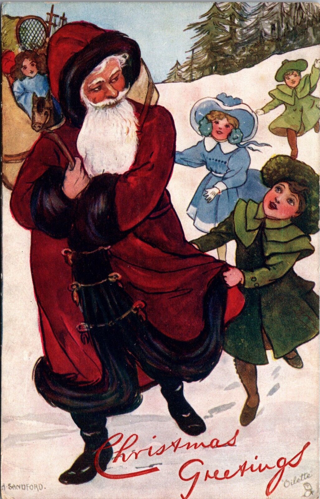 1906 Christmas Postcard a/s HD Sandford Santa Red Robe Chased by 3 Children
