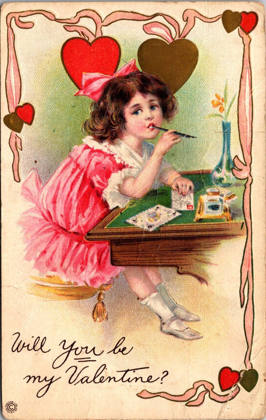 Vintage Valentine Postcard Little Girl Sits At Desk Writing Valentine’s Cards