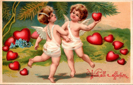 Vintage Valentine Postcard Two Cupids Dancing Red Hearts Palm Trees 1911