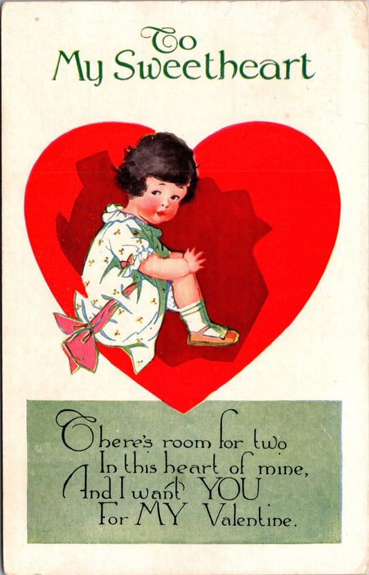 Vintage Valentine Postcard Room For 2 Little Girl Seated In Red Heart c 1914