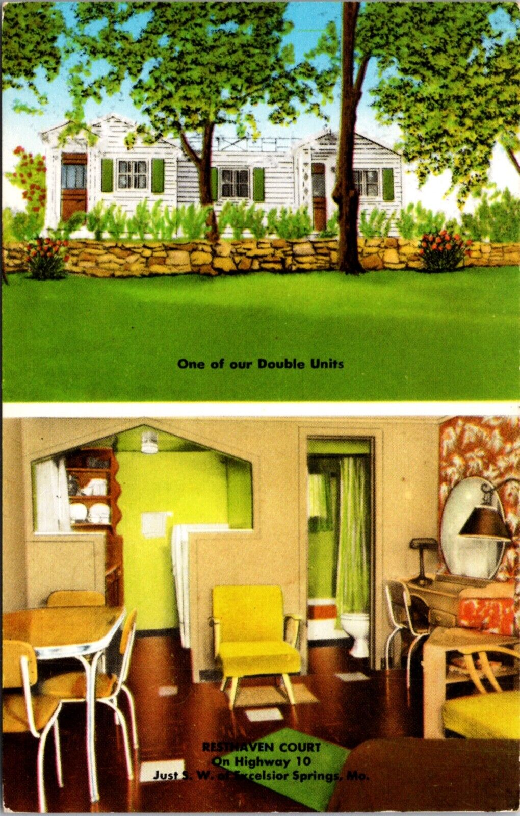 Postcard Resthaven Court on Highway 10 in Excelsior Springs, Missouri